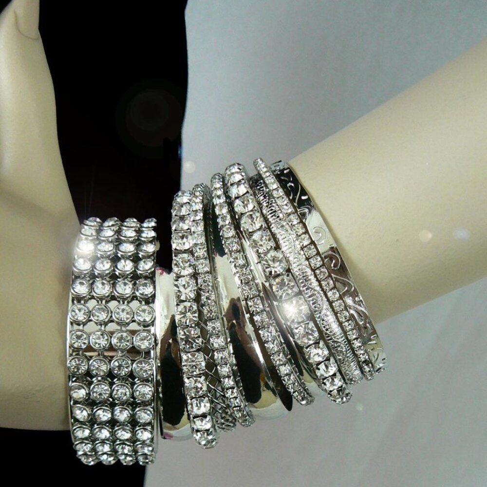 Rhinestone and Silver Stacked Bracelets